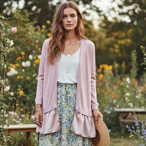 Loft XS Pink Satin Hem Ruffle Cardigan Sweater Cottage Coquette Fairy Soft Girl